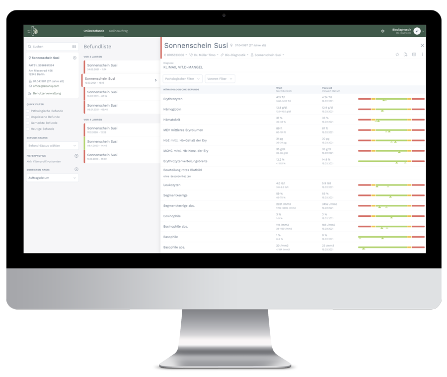 Computer mit Bio-Diagnostik Online-Dashboard auf weißem Hintergrund. Moderne Lösungen für digitale Labordiagnostik.